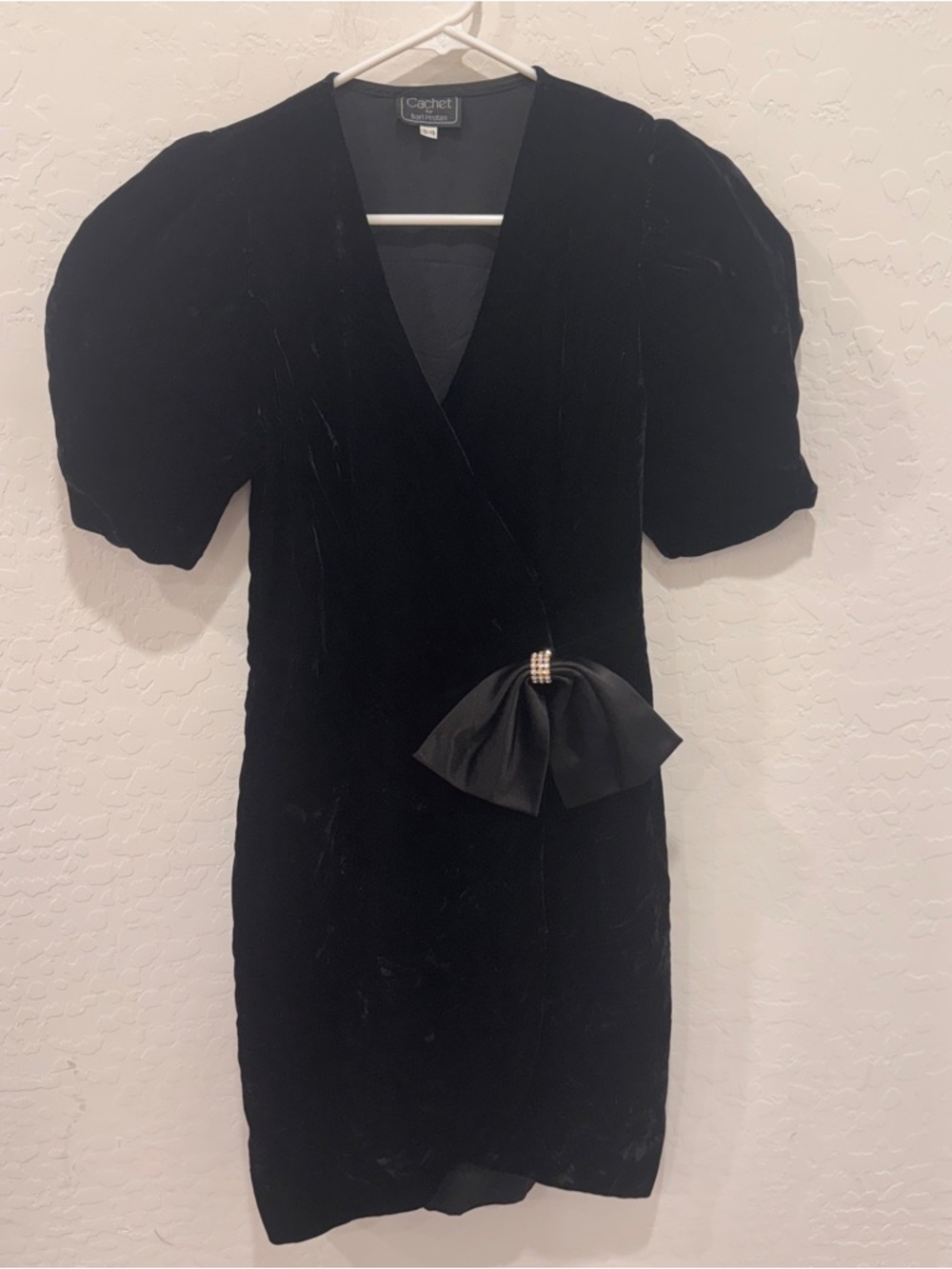 Vintage Cachet Velvet Dress Womens 3/4 Black Mini Puff Sleeve Bow Fairy Grunge